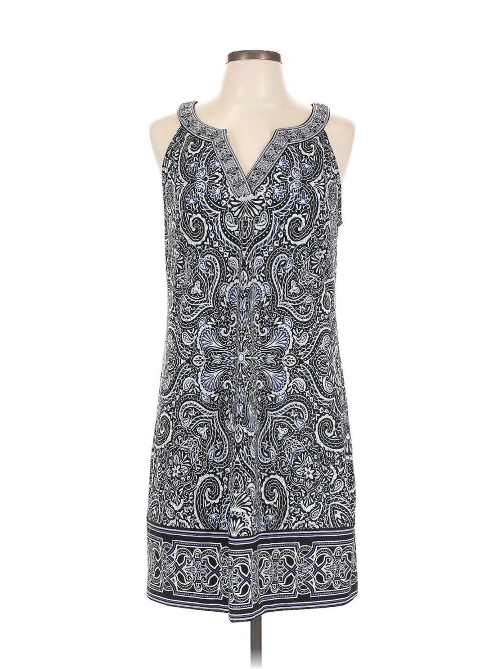 White House Black Market Women's Sleeveless Black and White PaisDress, Size L